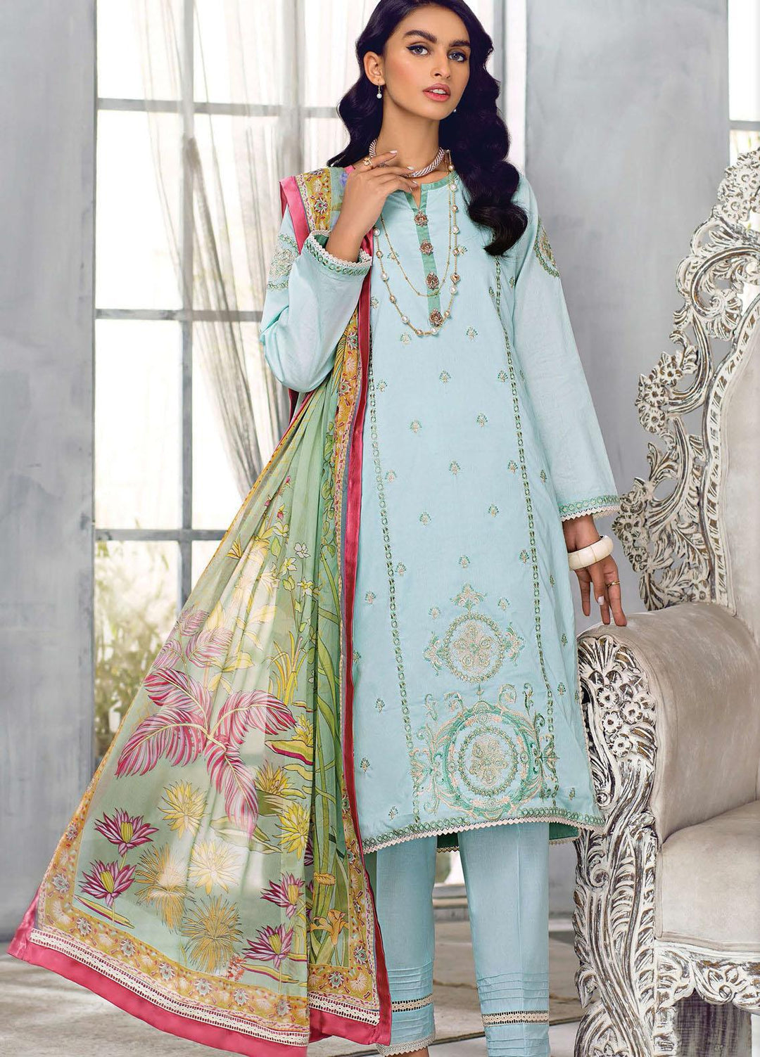 Sehr by Raaya Embroidered Lawn Suits Unstitched 3 Piece RY21S 05 Summer Sky - Eid Collection