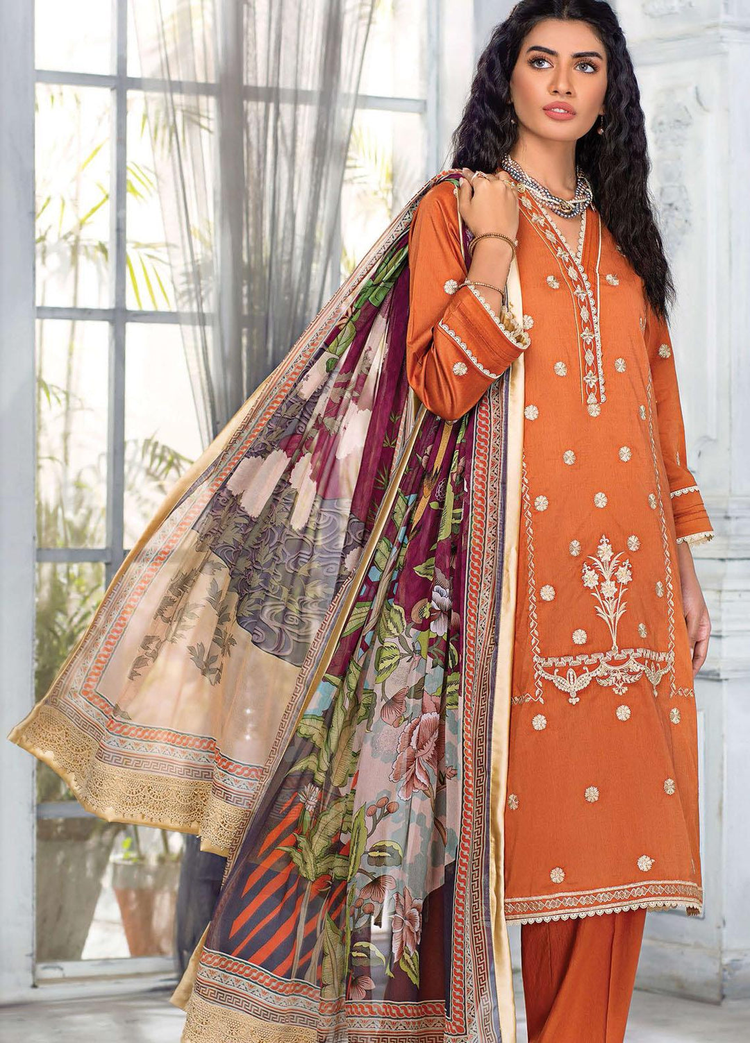 Sehr by Raaya Embroidered Lawn Suits Unstitched 3 Piece RY21S 08 Orange Zest - Eid Collection