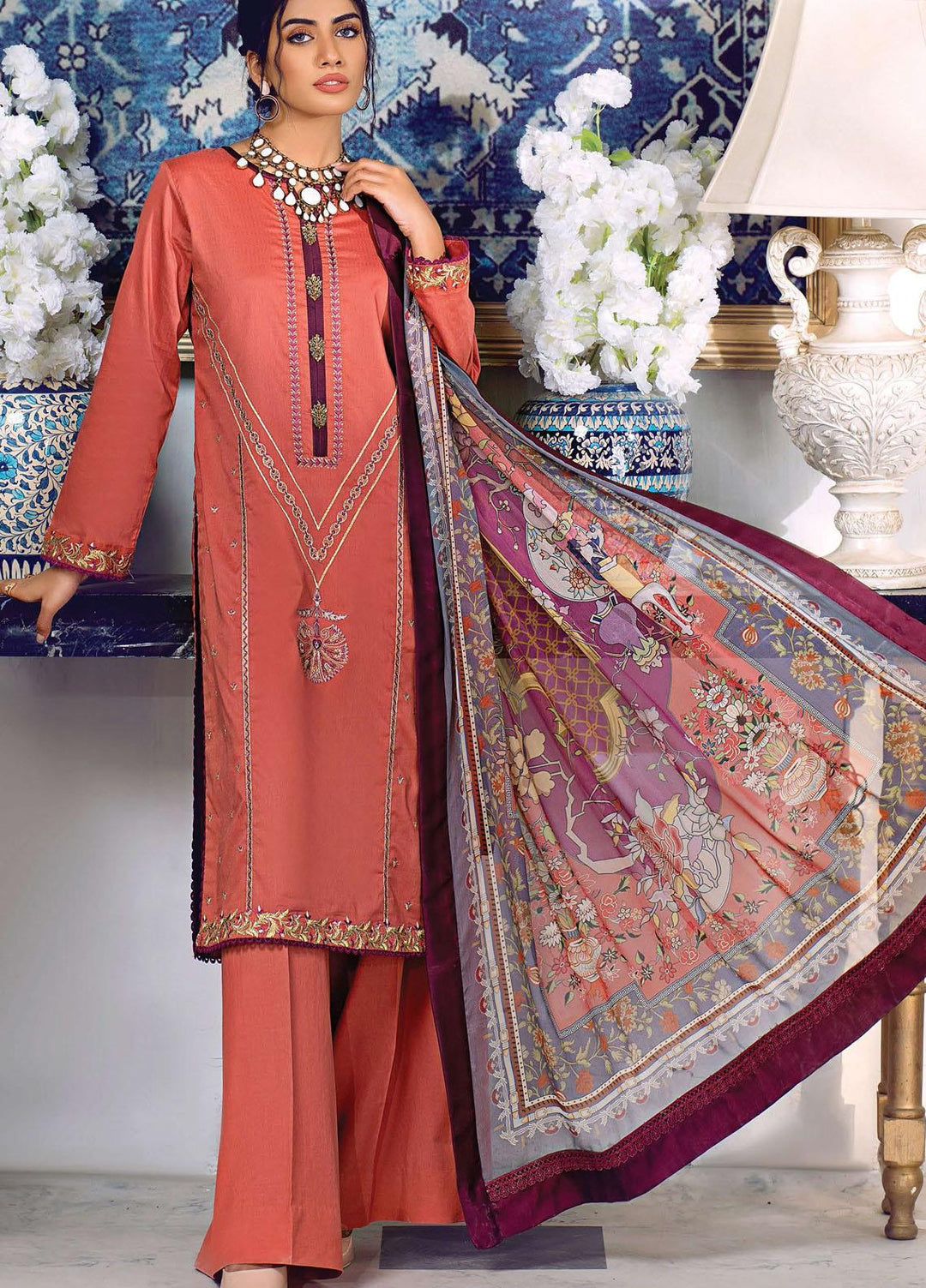 Sehr by Raaya Embroidered Lawn Suits Unstitched 3 Piece RY21S 13 Dust Rust - Eid Collection