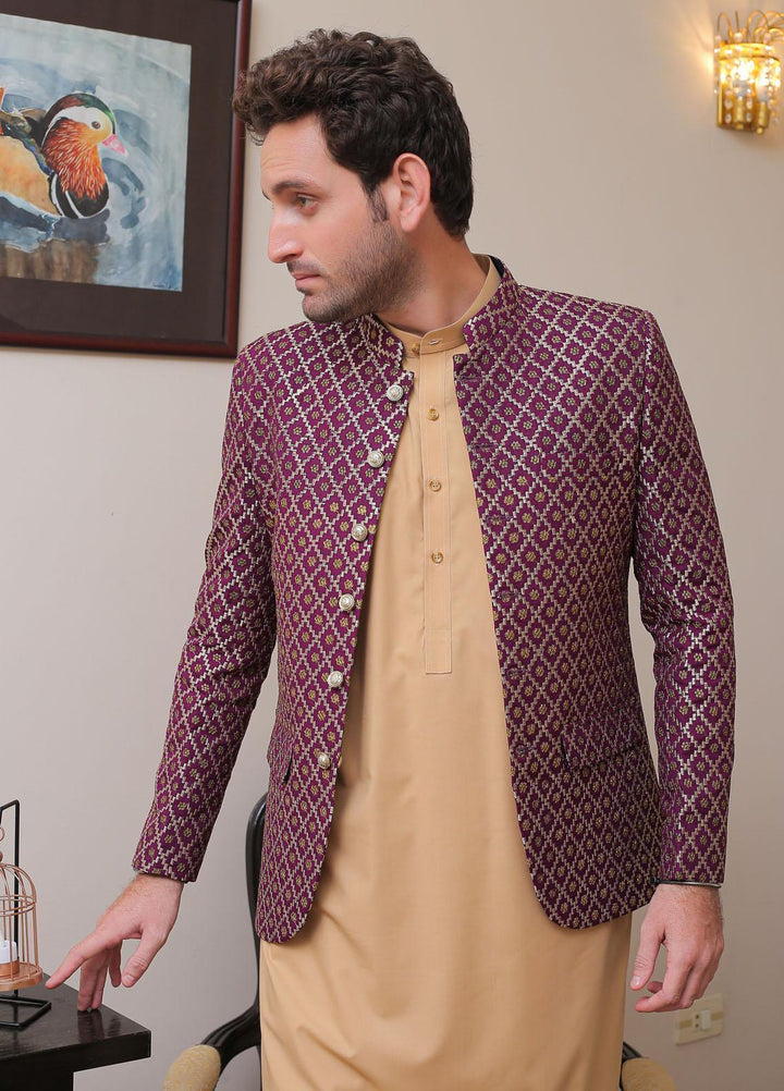 Real Image Raw Silk Formal Prince Coat for Men -  OPC - 013 Purple Gold