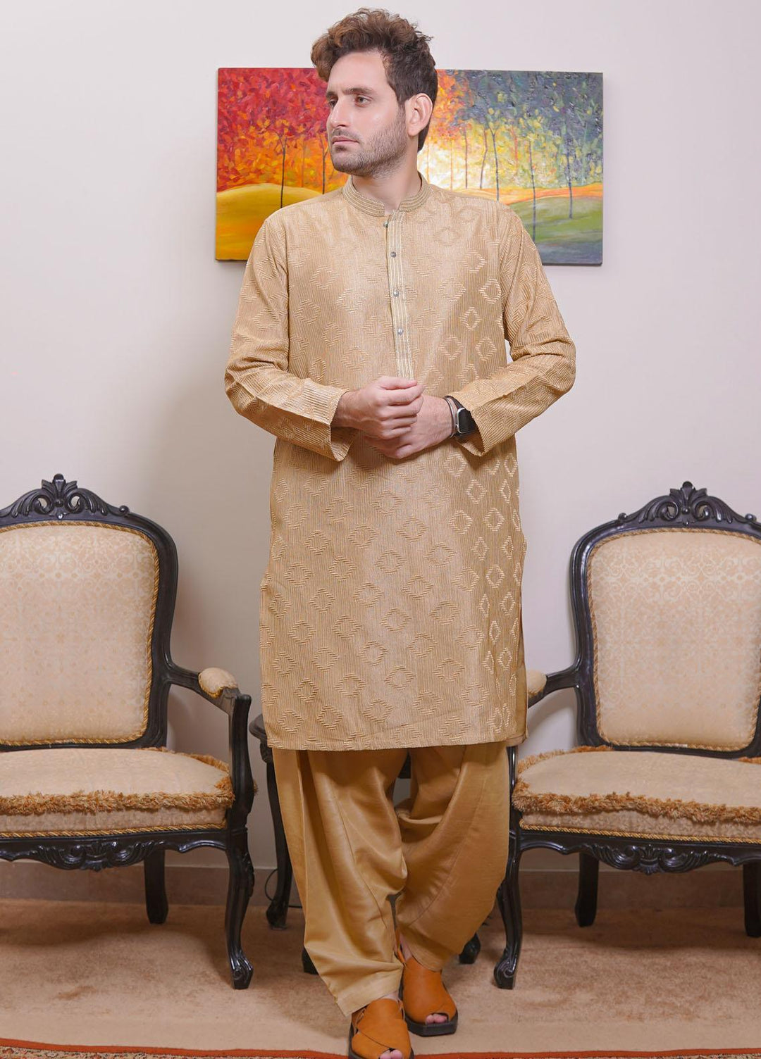 Real Image Wash N Wear Formal Men Kameez Shalwar - D-489 Gold