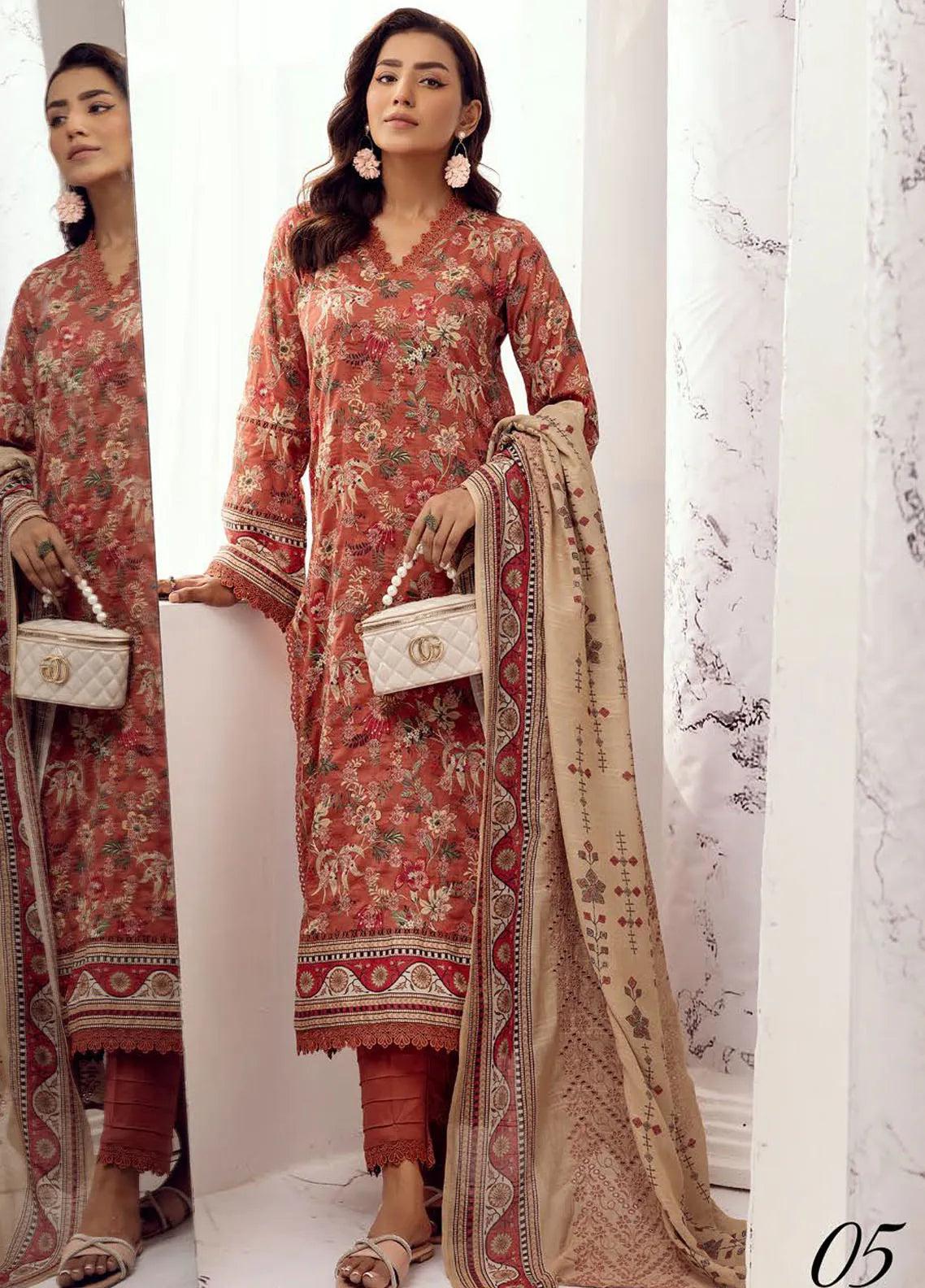 Mahees Hoorain by Riaz Arts Embroidered Lawn Unstitched 3 Piece - D-05 - RA25MH - Burgundy Red - Summer Collection