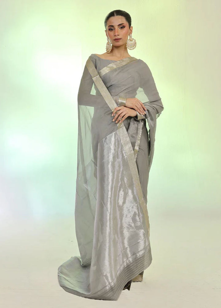 Ripret Pret Embroidered Chiffon 3 Piece Silver Banarsi Saree