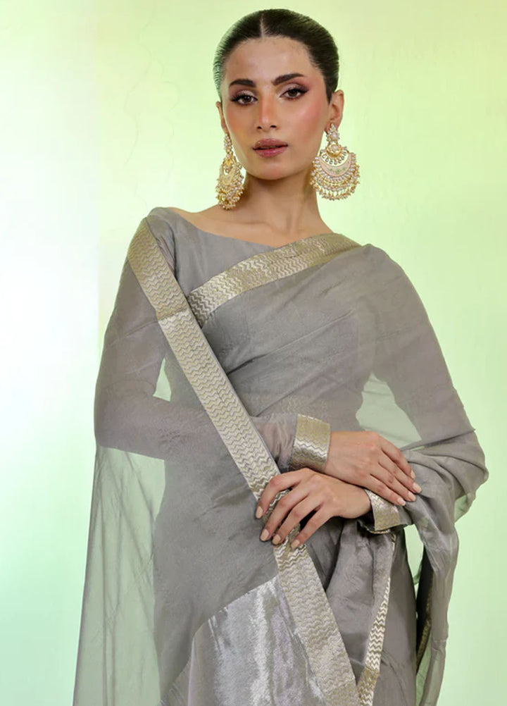 Ripret Pret Embroidered Chiffon 3 Piece Silver Banarsi Saree
