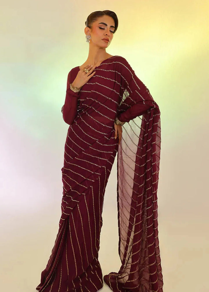 Ripret Pret Embroidered Chiffon Saree Plum Elan