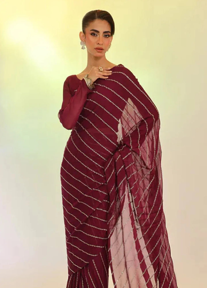 Ripret Pret Embroidered Chiffon Saree Plum Elan