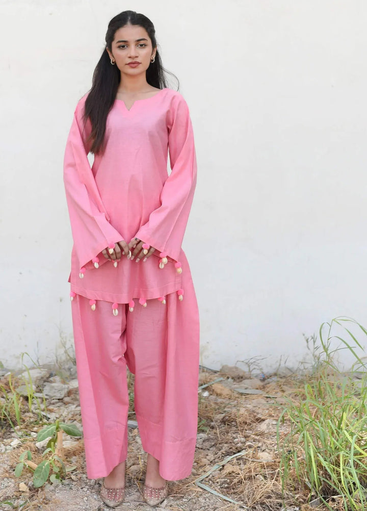 Ripret Pret plain Cotton 2 Piece Suit Pink Solid Set