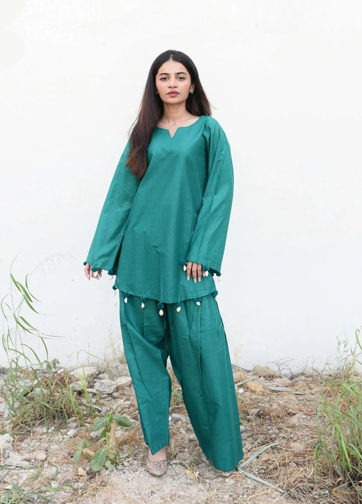 Ripret Pret plain Cotton 2 Piece Suit Teal Green Solid Set