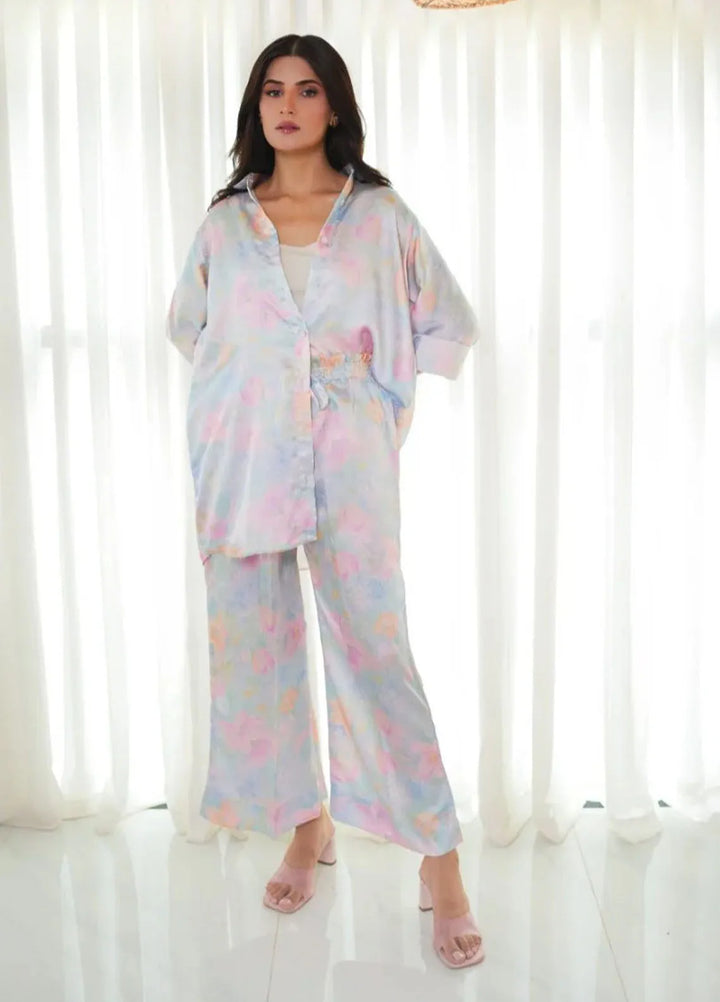 Ripret Pret Printed Silk 2 Piece Suit Pastel Floral Button down