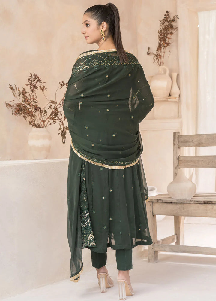 Roop Rang By Al Harir Pret Embroidered Chiffon 3 Piece Suit Mahi Bottle Green