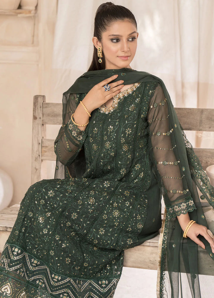 Roop Rang By Al Harir Pret Embroidered Chiffon 3 Piece Suit Mahi Bottle Green
