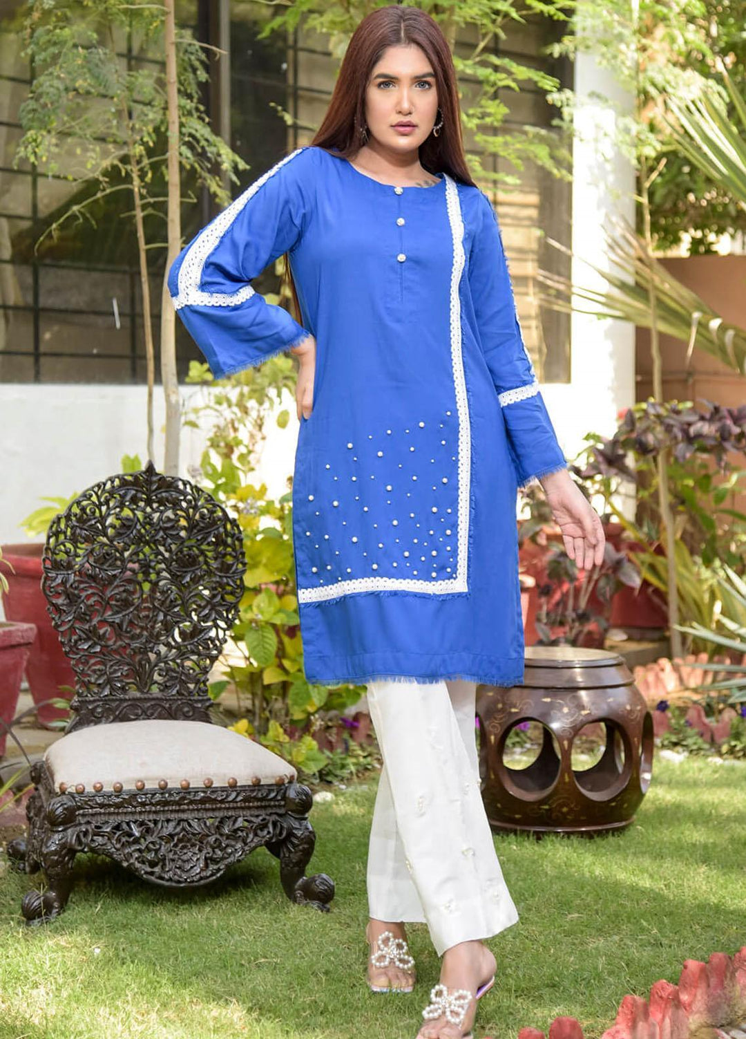 Rubys Couture Casual Pret Linen 2 Piece Suit Bottle Blue