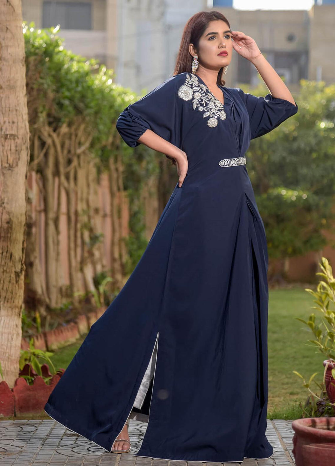 Rubys Couture Casual Pret Linen 2 Piece Suit Navy Blue Kaftan