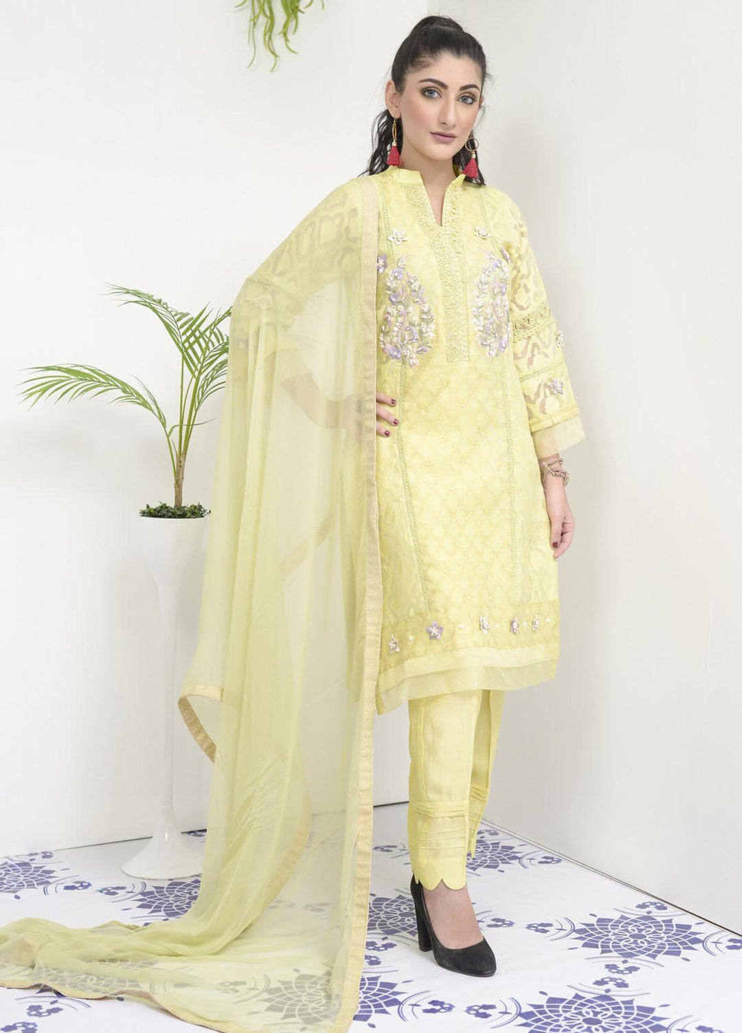 Rubys Couture Luxury Pret Organza 2 Piece Suit Yellow Shine