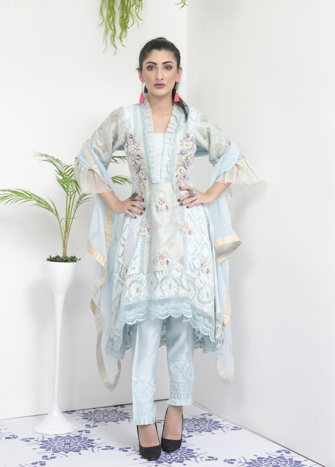 Rubys Couture Luxury Pret Missouri 2 Piece Suit Ivory Blue