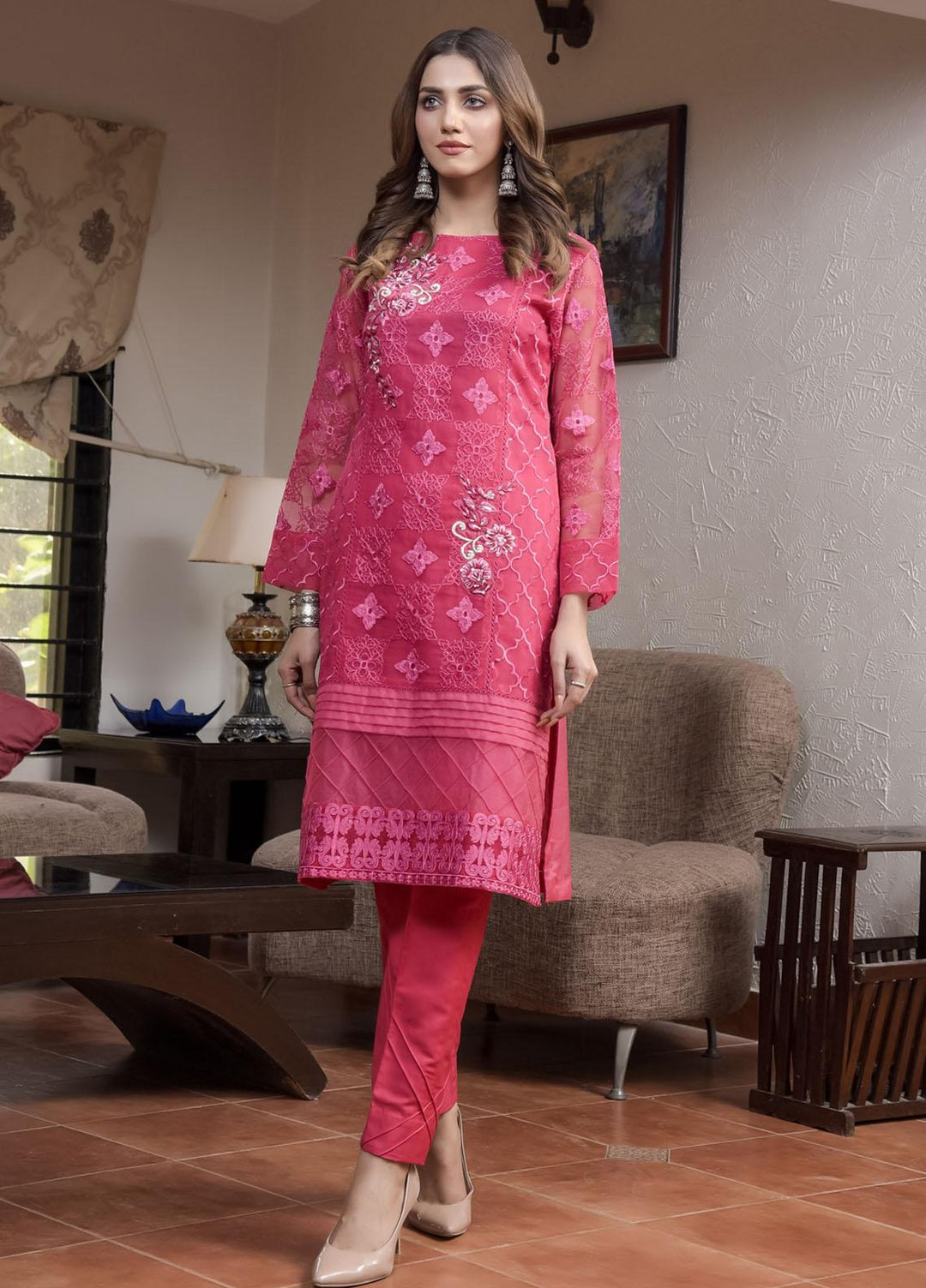 Rubys Couture Luxury Pret Organza 2 Piece Suit Fuschia Pink