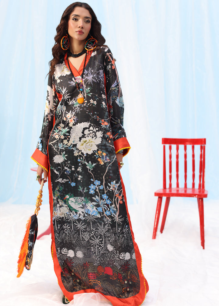 Rush Hour by Musferah Saad Pret Printed Silk 1 Piece Suit Black Orchard