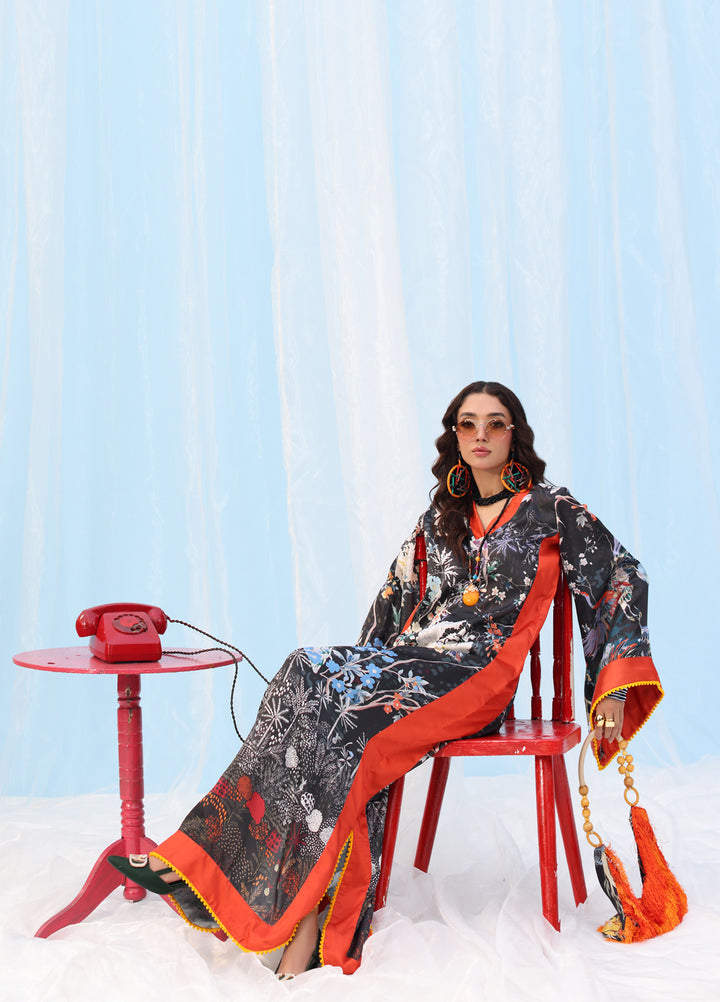 Rush Hour by Musferah Saad Pret Printed Silk 1 Piece Suit Black Orchard