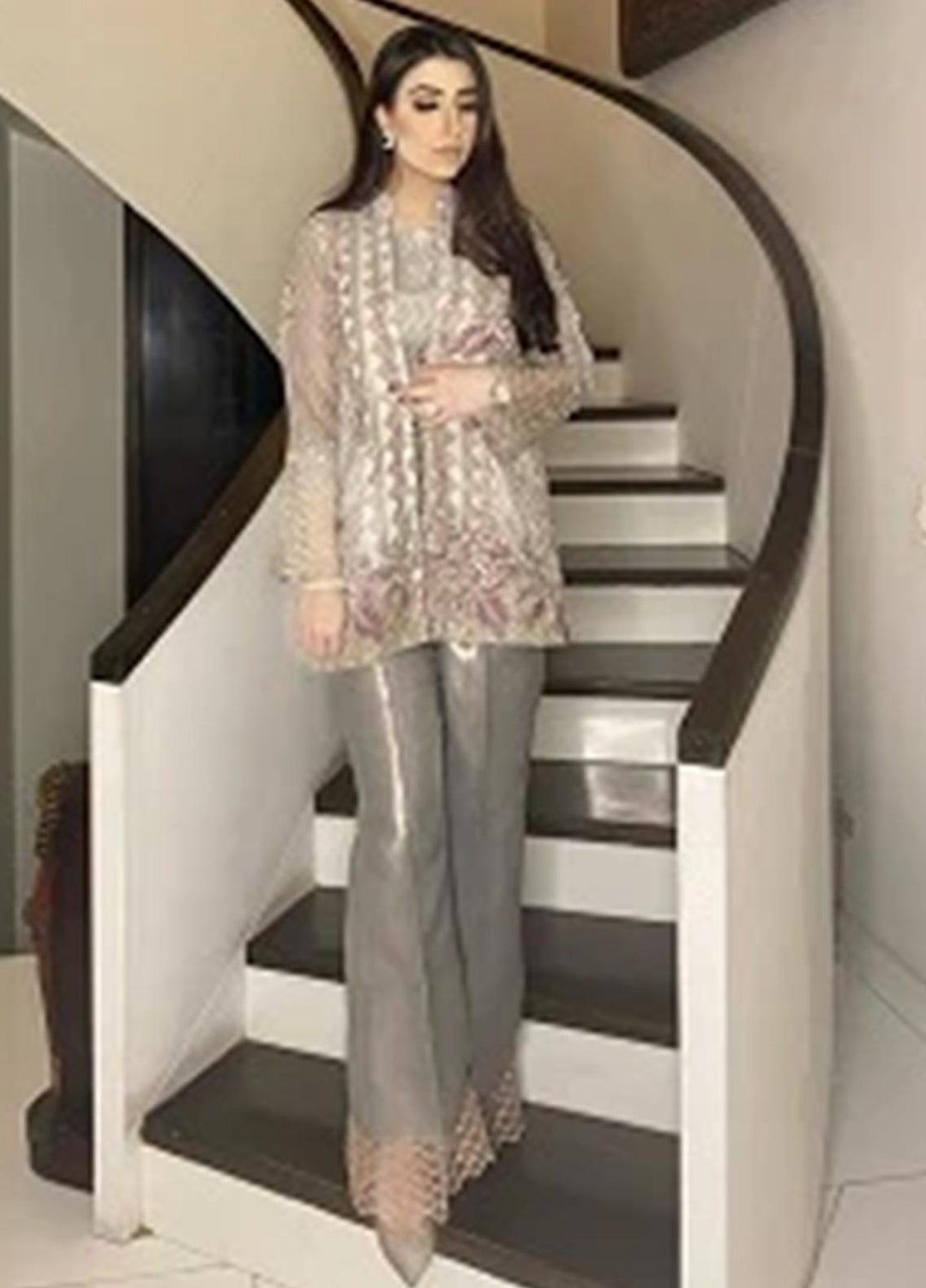Sadya Sumair Luxury Pret Organza 2 Piece Dress SS21N Ash Grey
