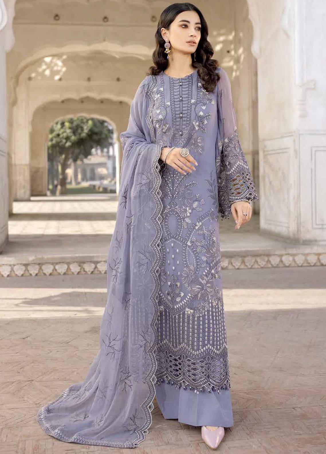 Shafaq By Flossie Embroidered Chiffon Suits Unstitched 3 Piece FS23EX-V7 FE-705 Moon Flower - Luxury Collection