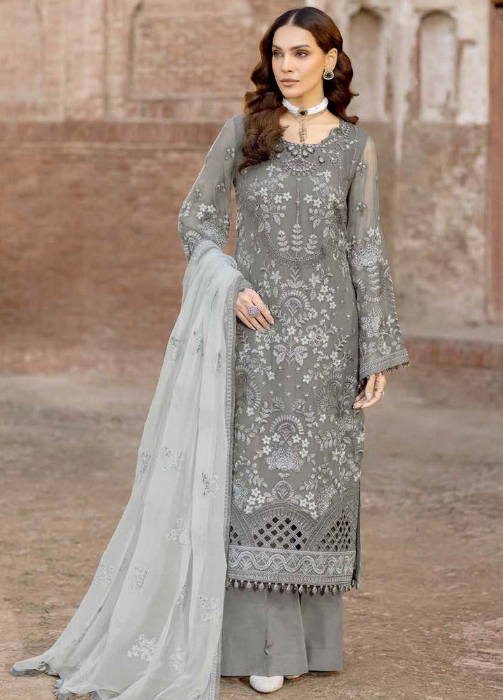 Safeera by Flossie Embroidered Chiffon Suits Unstitched 3 Piece FL24SF S-1308 Stormy Grey - Luxury Collection