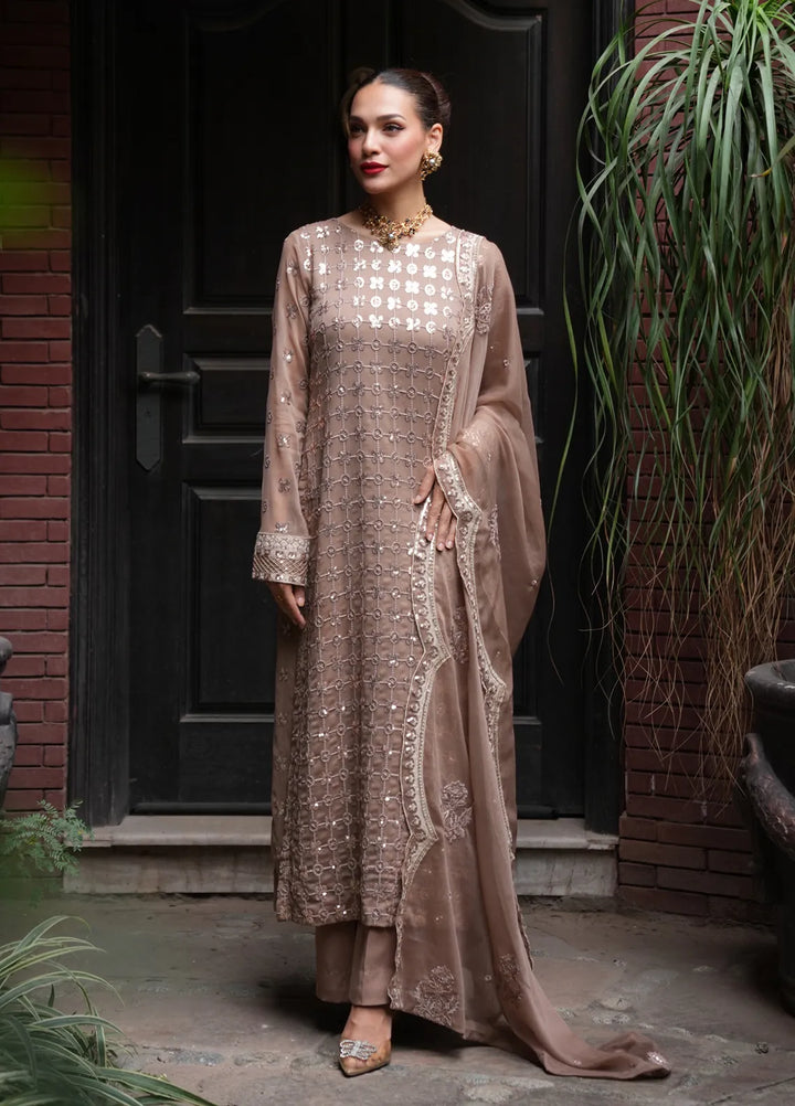 Sahane Pret Embroidered Chiffon 3 Piece Suit CT 12003-Nuance Brown
