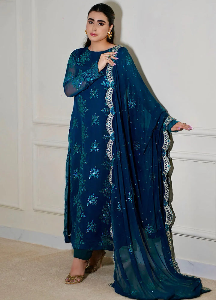 Sahane Pret Embroidered Chiffon 3 Piece Suit CT 12004-Jade Turquoise
