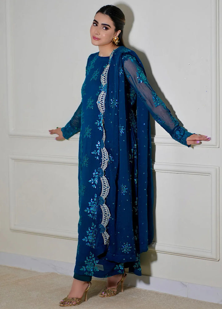 Sahane Pret Embroidered Chiffon 3 Piece Suit CT 12004-Jade Turquoise