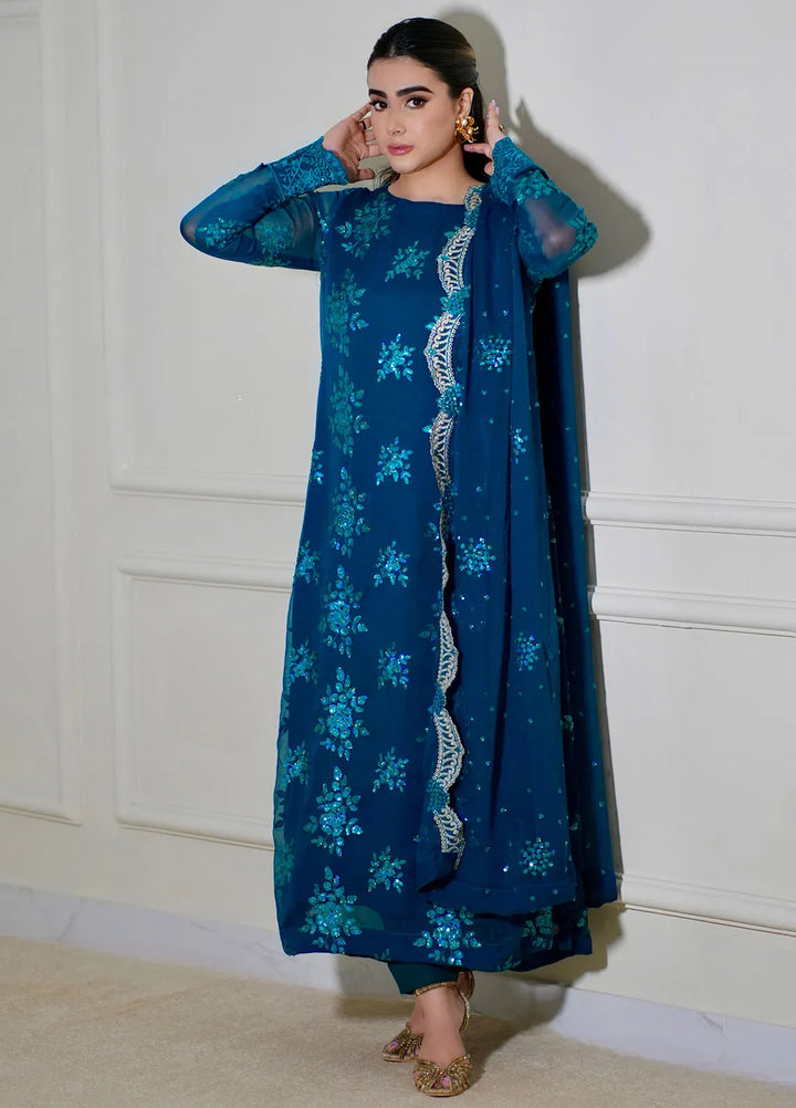 Sahane Pret Embroidered Chiffon 3 Piece Suit CT 12004-Jade Turquoise