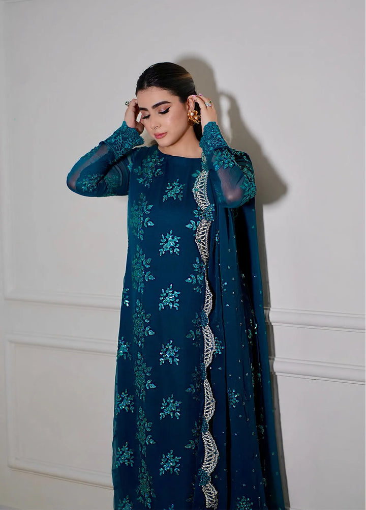 Sahane Pret Embroidered Chiffon 3 Piece Suit CT 12004-Jade Turquoise