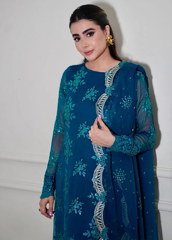 Sahane Pret Embroidered Chiffon 3 Piece Suit CT 12004-Jade Turquoise