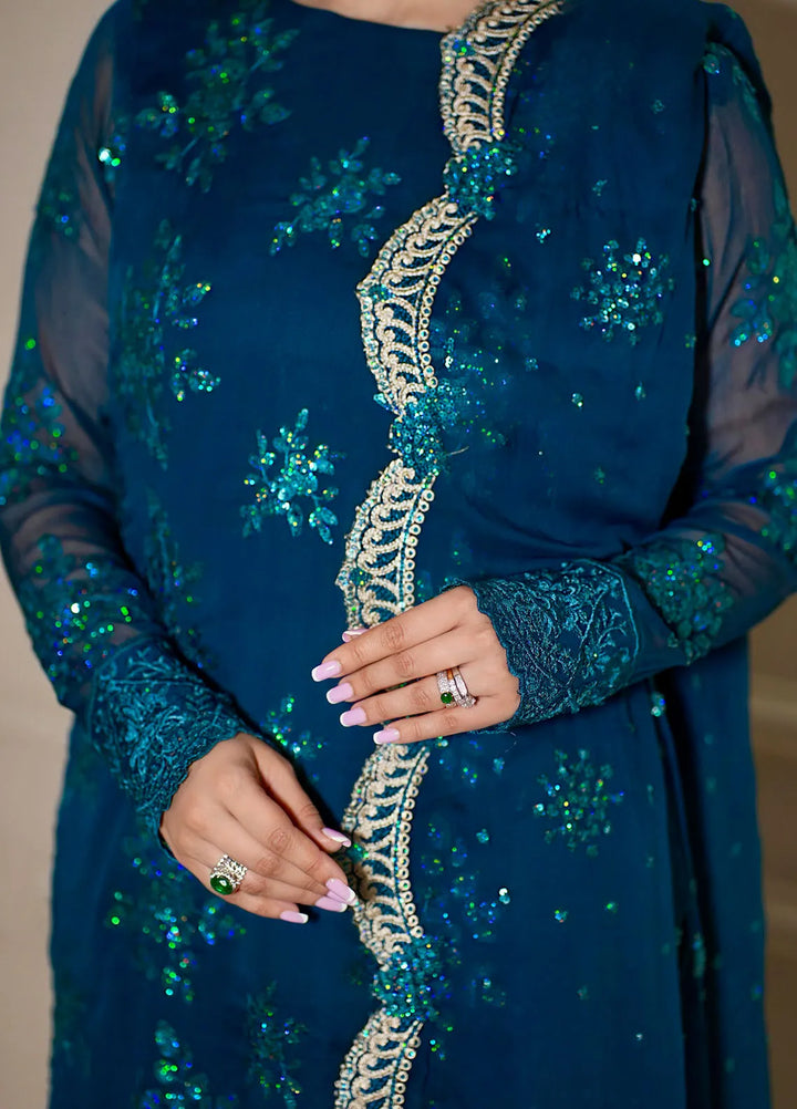 Sahane Pret Embroidered Chiffon 3 Piece Suit CT 12004-Jade Turquoise
