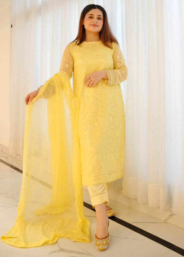 Sahane Pret Embroidered Chiffon 3 Piece Suit CT 12005-Golden Glow Yellow