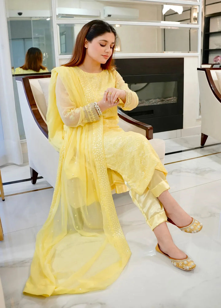 Sahane Pret Embroidered Chiffon 3 Piece Suit CT 12005-Golden Glow Yellow