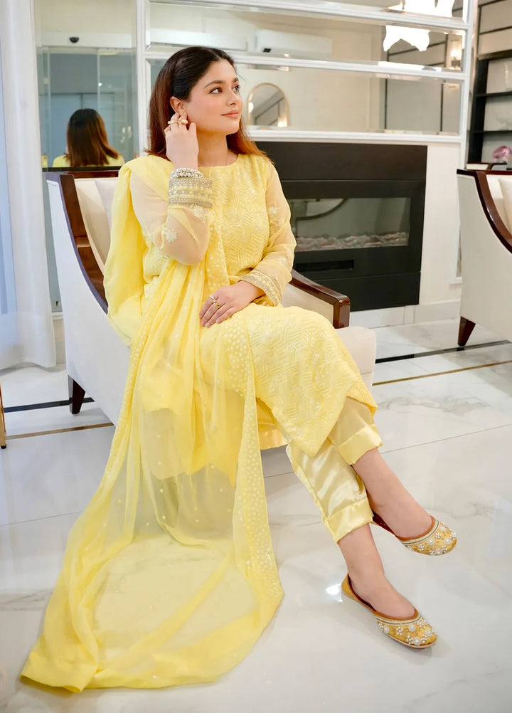 Sahane Pret Embroidered Chiffon 3 Piece Suit CT 12005-Golden Glow Yellow