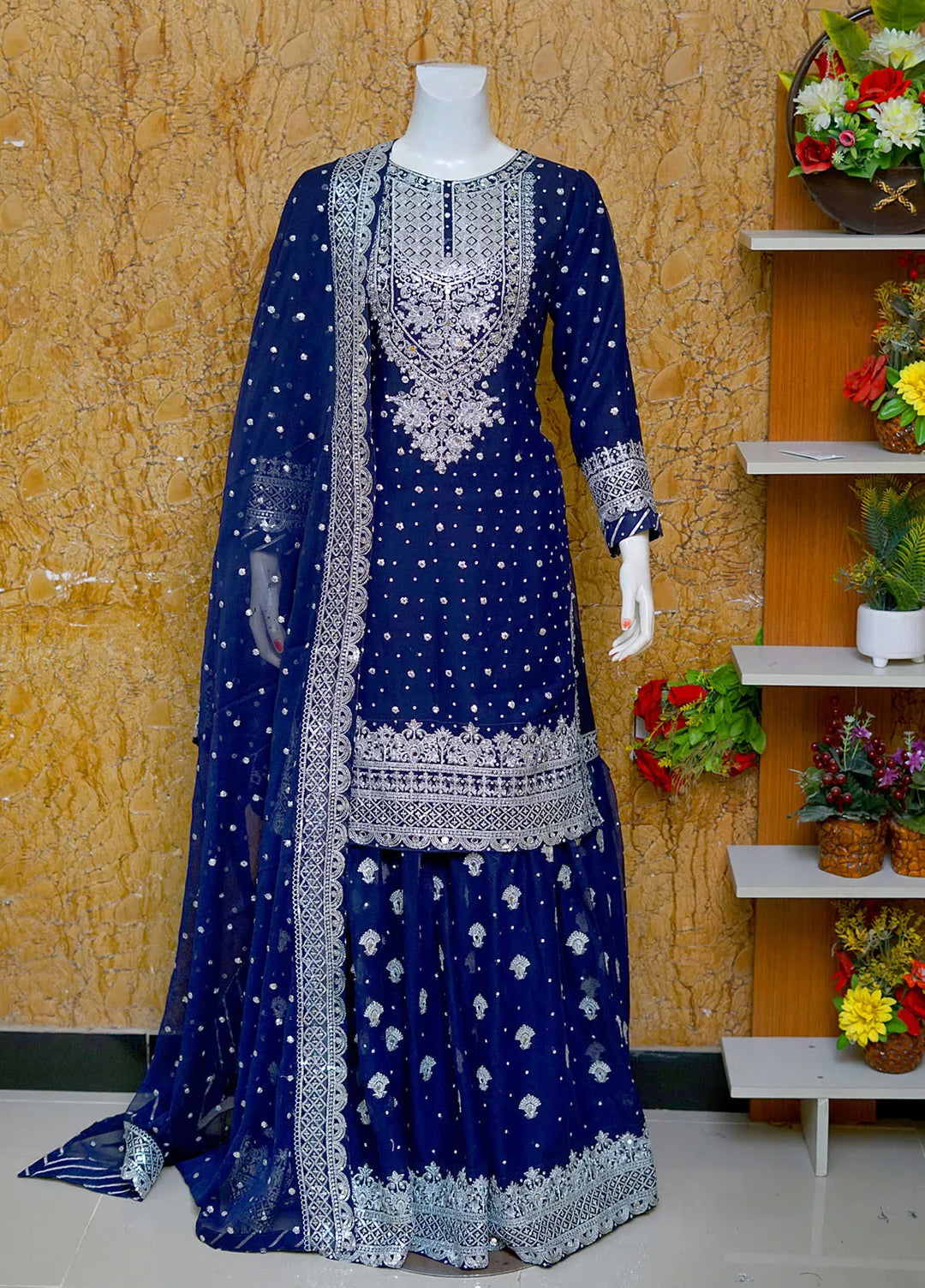 Saira Sultana Pret Embroidered Chiffon 3 Piece Suit Aleena Navy Blue