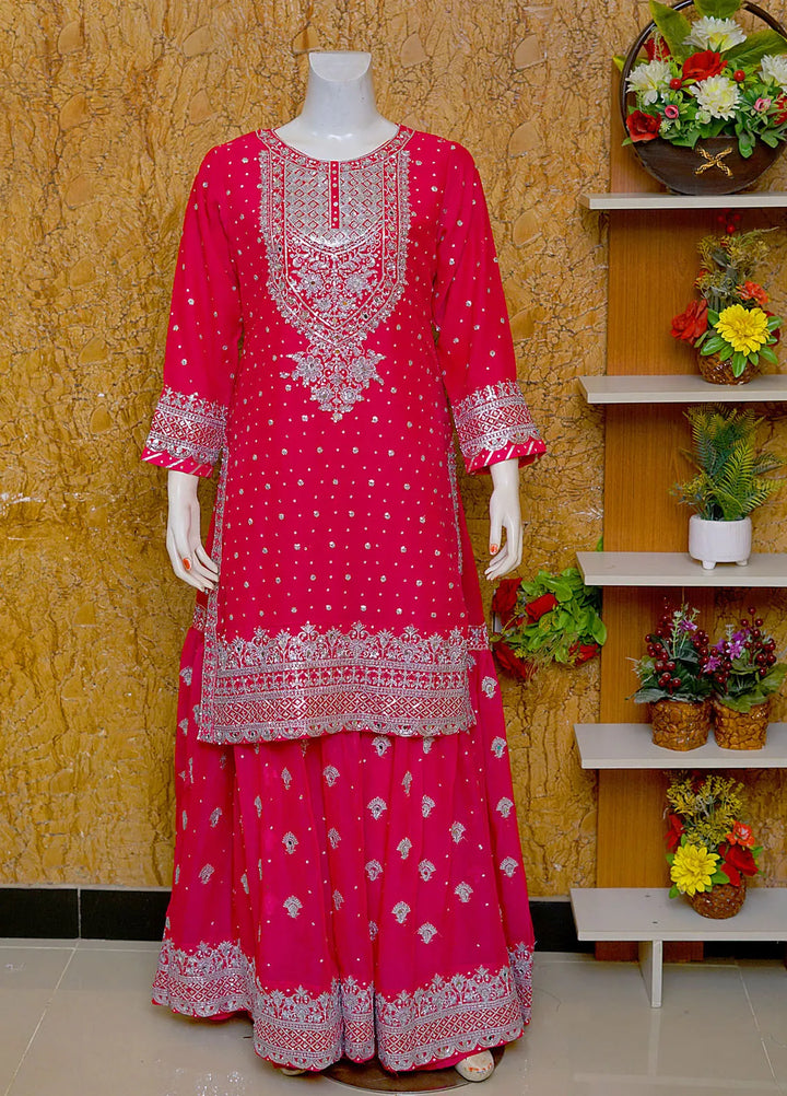 Saira Sultana Pret Embroidered Chiffon 3 Piece Suit Aleena Shocking Pink