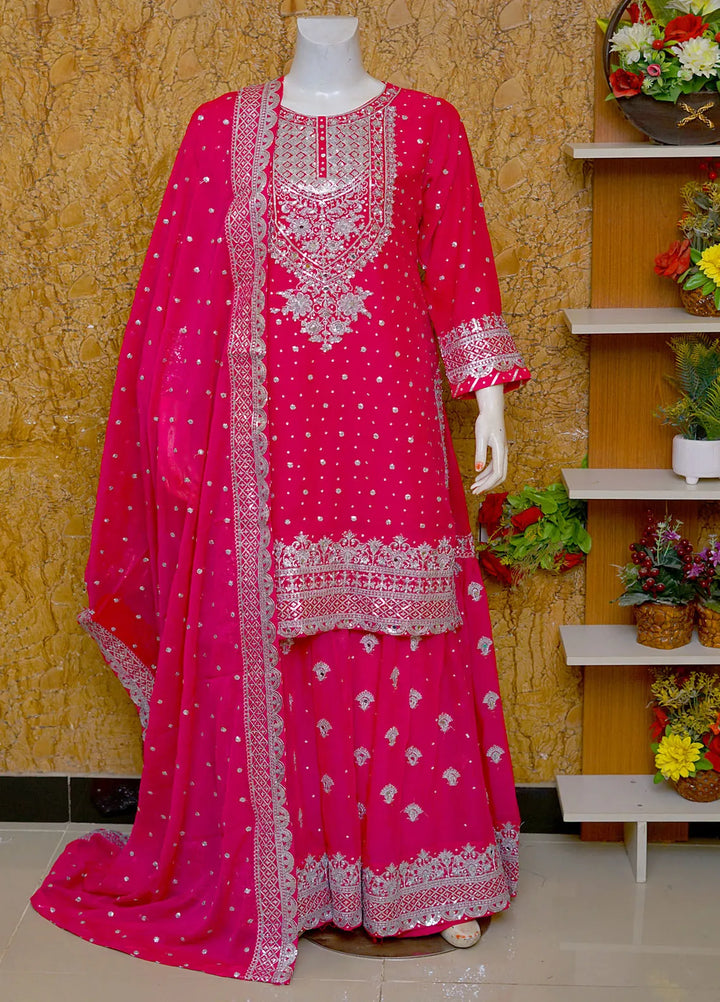 Saira Sultana Pret Embroidered Chiffon 3 Piece Suit Aleena Shocking Pink