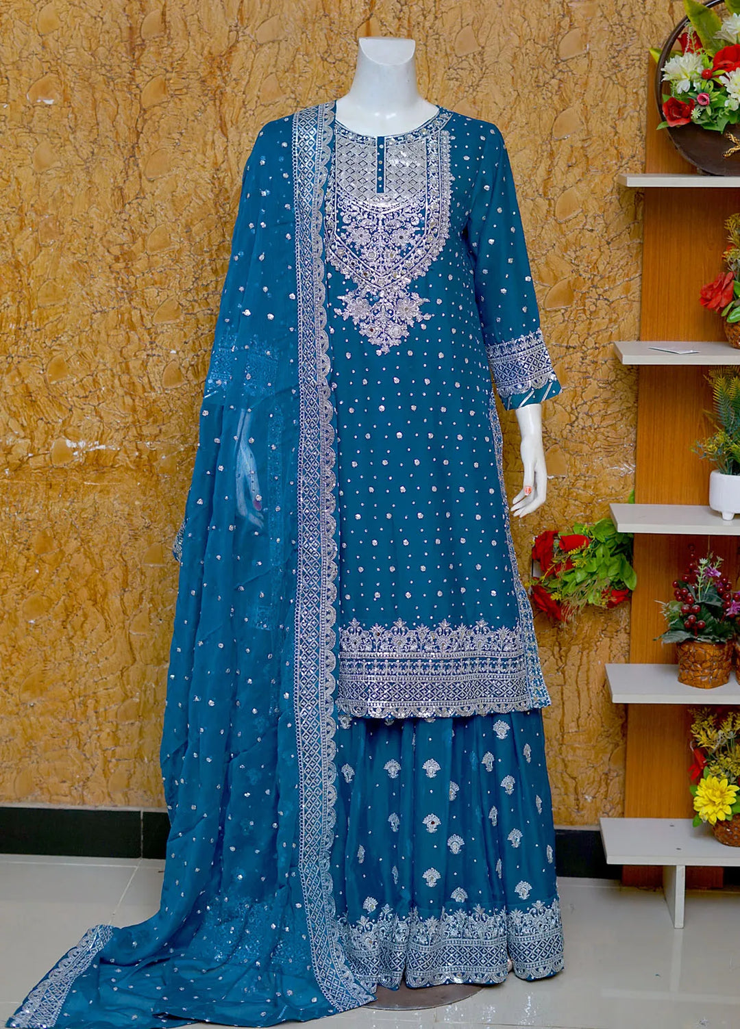 Saira Sultana Pret Embroidered Chiffon 3 Piece Suit Aleena Teal