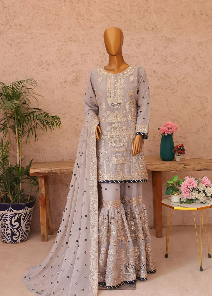Saira Sultana Pret Embroidered Chiffon 3 Piece Suit Maah Paara Pastel Grey