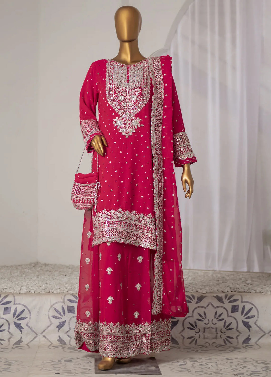 Saira Sultana Pret Embroidered Chiffon 3 Piece Suit Mah-Jabeen Shocking Pink