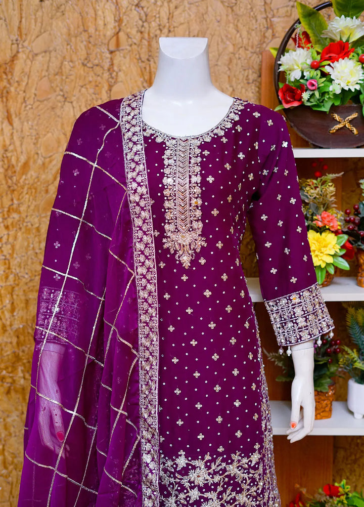Saira Sultana Pret Embroidered Chiffon 3 Piece Suit Mahrosh Plum