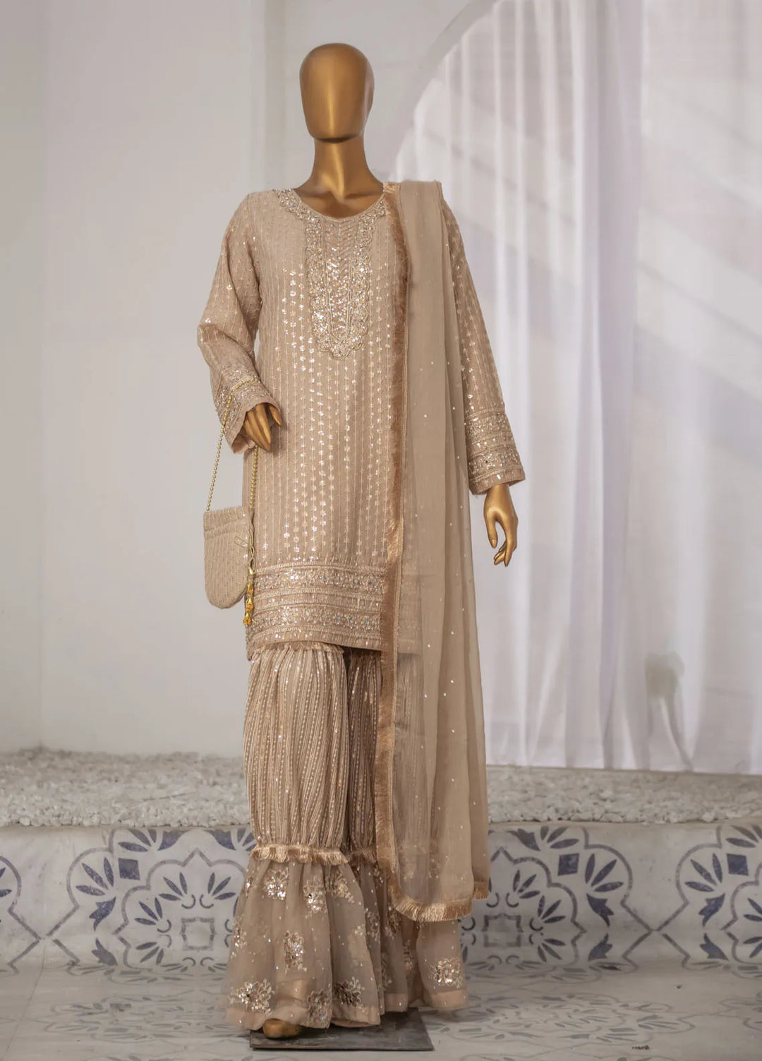 Saira Sultana Pret Embroidered Chiffon 3 Piece Suit Roman Sand