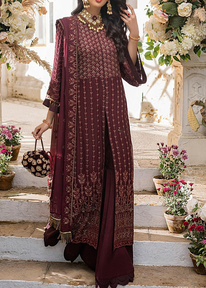 Salitex Embroidered Chiffon Suits Unstitched 3 Piece ST21F HC-00010UT Golden Garnet - Luxury Collection