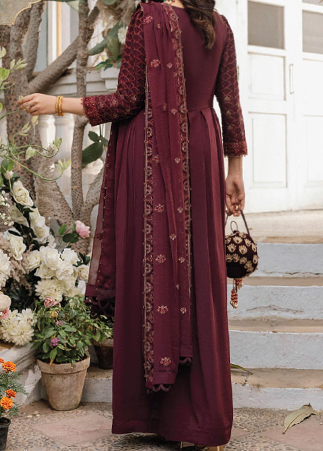 Salitex Embroidered Chiffon Suits Unstitched 3 Piece ST21F HC-00010UT Golden Garnet - Luxury Collection