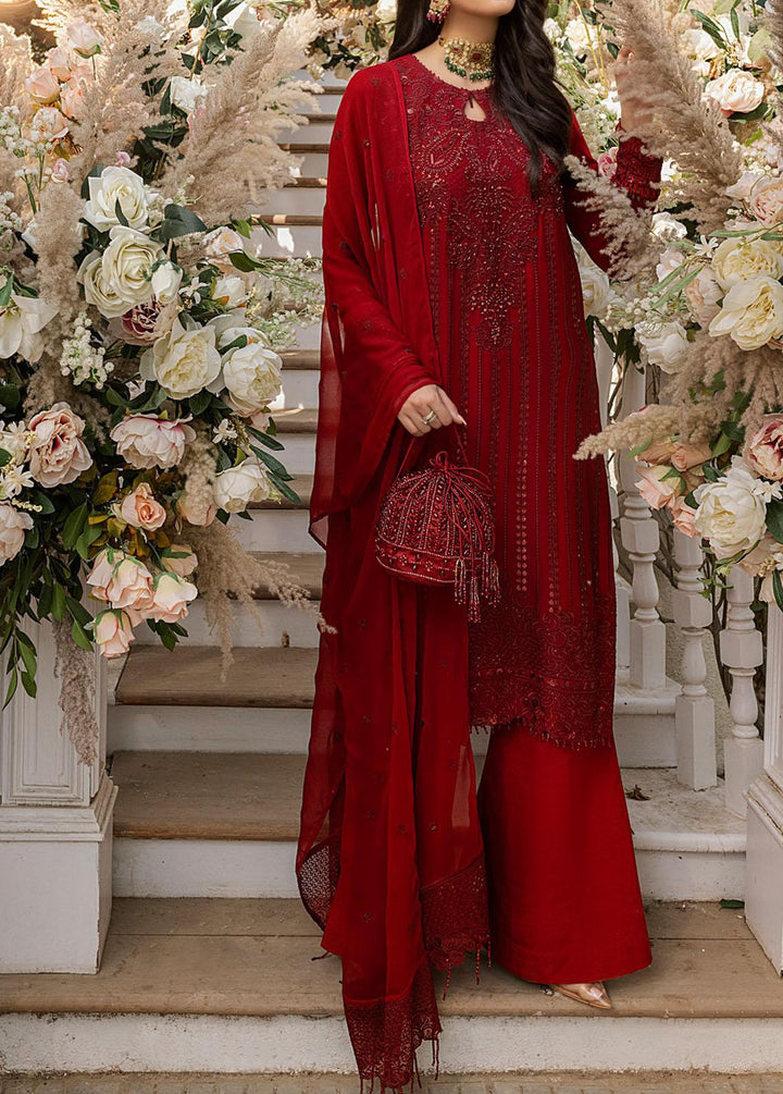 Salitex Embroidered Chiffon Suits Unstitched 3 Piece ST21F HC-00015UT Scarlet - Luxury Collection