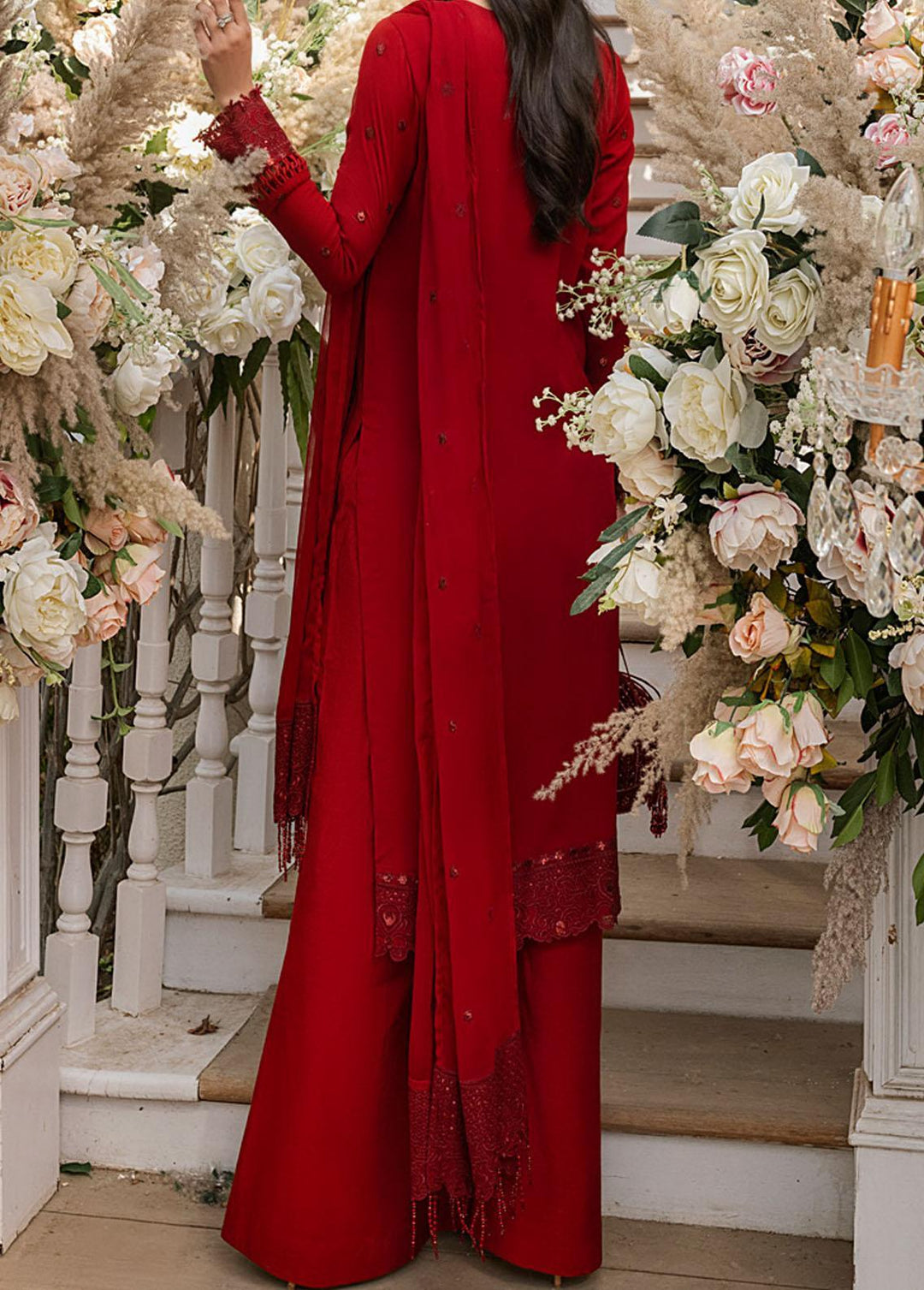 Salitex Embroidered Chiffon Suits Unstitched 3 Piece ST21F HC-00015UT Scarlet - Luxury Collection