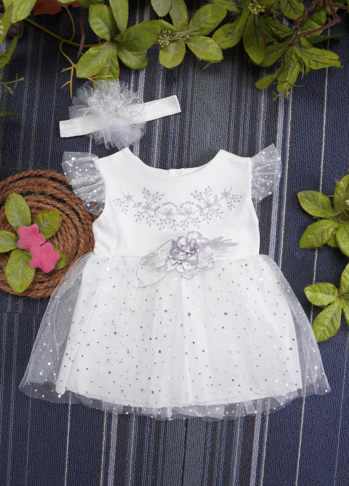 Sanaulla Exclusive Range  Fancy Girls Frocks -  7-4509 White