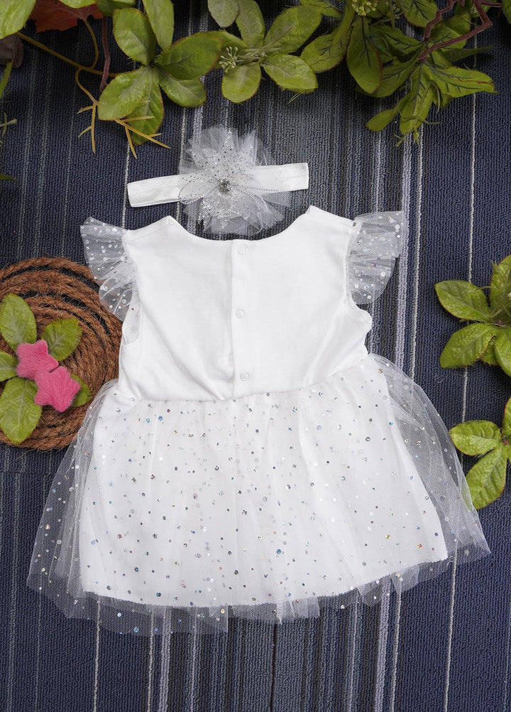 Sanaulla Exclusive Range  Fancy Girls Frocks -  7-4509 White