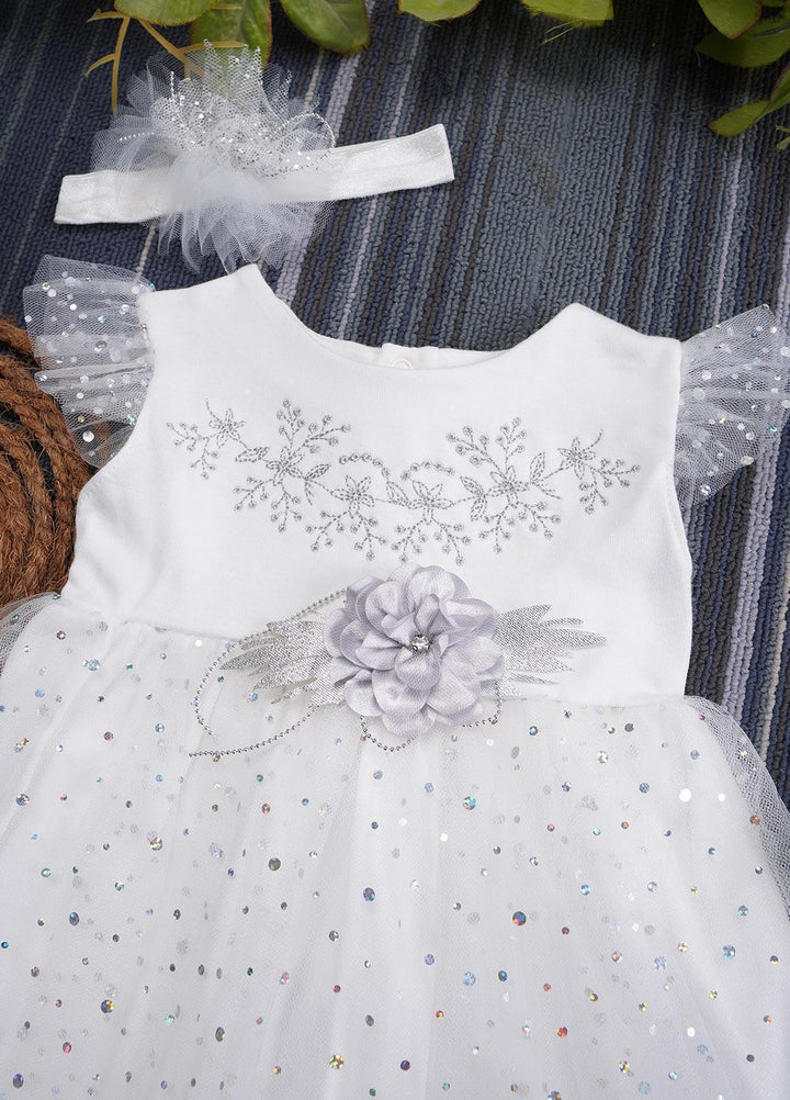 Sanaulla Exclusive Range  Fancy Girls Frocks -  7-4509 White